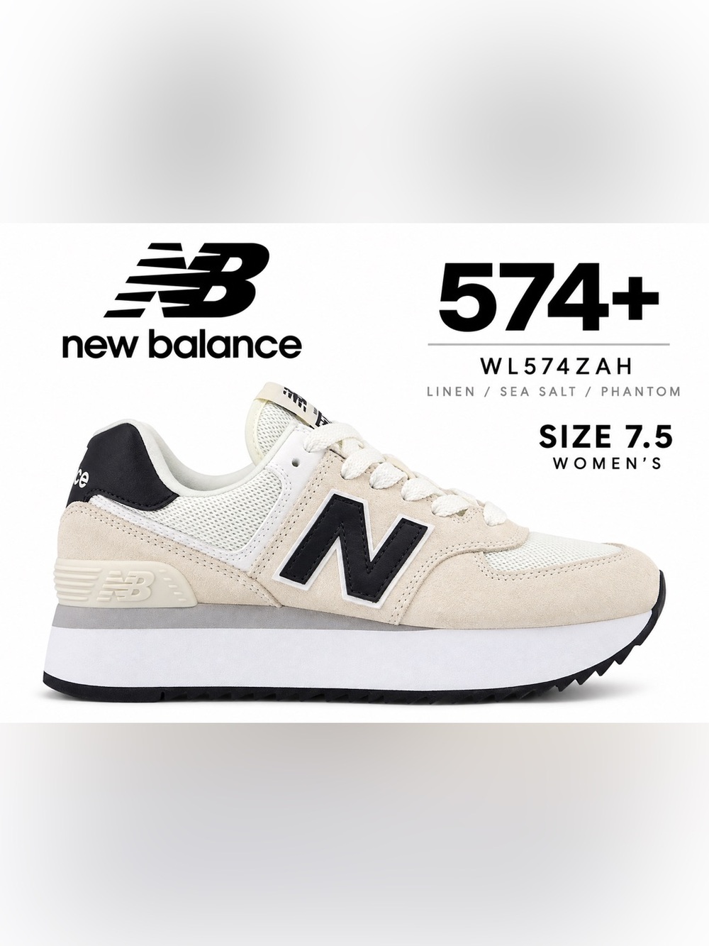 New Balance 574+ Linen Sea Salt Phantom Sneakers Women 7.5 WL574ZAH Platform